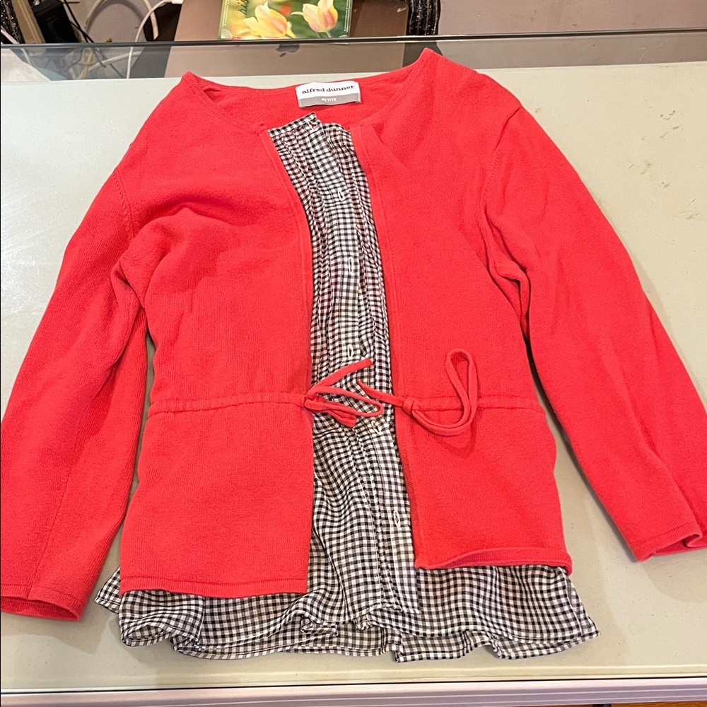 Alfred Dun Bartlett Red Button-Front Layered Cardigan with Black & White Gingham